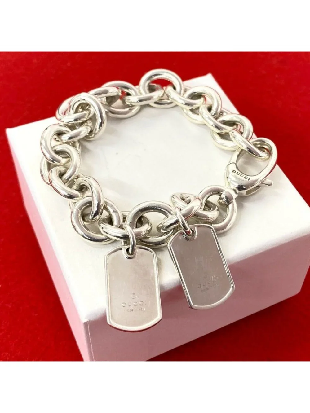 Gucci Double Dog Tag Chain Bracelet 925 Sterling Silver